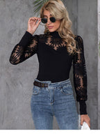 Blusa Elegante de Gola Alta com Bloco de Cores Semi-Transparente - Top de Conversão de Gola Redonda de Cor Sólida, Lavável à Máquina, Linha Especial para Casamentos, Igreja e Uso Profissional - Moda Feminina