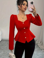 Blusa elegante de manga bolha em cor sólida estilo francês para mulher - Vermelho com decote em forma de coração, botões falsos, perfeita para primavera/outono, top elegante para adultos|Estilo francês vintage|Top com botões falsos