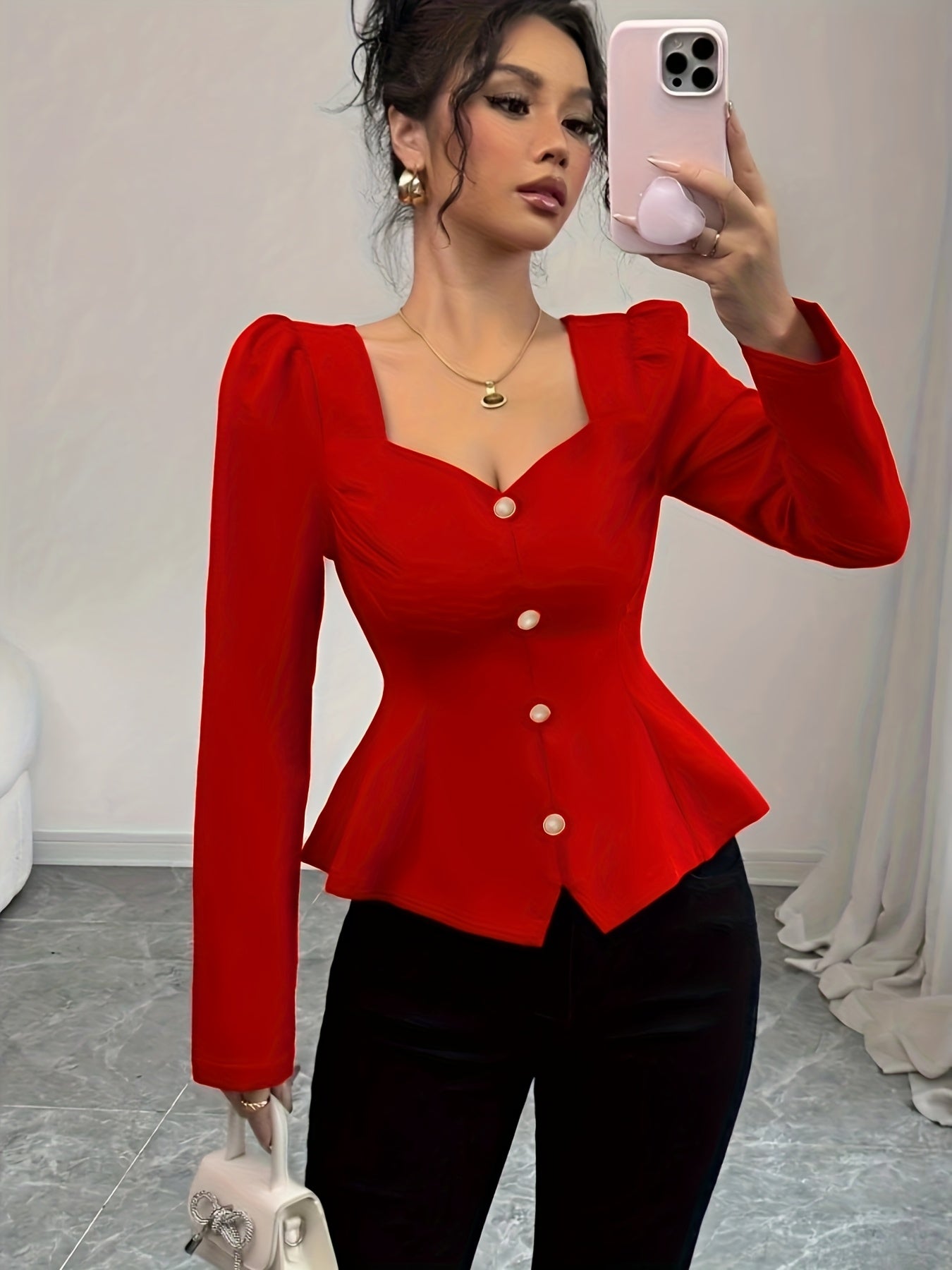 Blusa elegante de manga bolha em cor sólida estilo francês para mulher - Vermelho com decote em forma de coração, botões falsos, perfeita para primavera/outono, top elegante para adultos|Estilo francês vintage|Top com botões falsos
