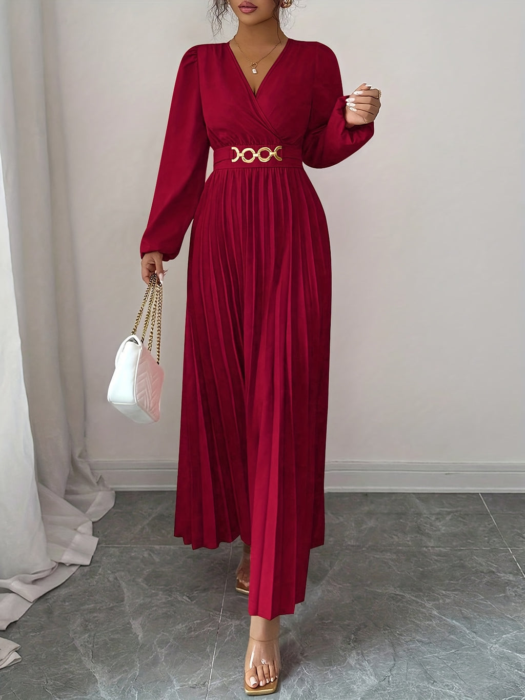 Vestido Feminino Elegante Estilo Francês com Decote em V e Cintura Plissada (Cintura Falsa/Estreita Oculta) - Manga Longa para Casamento de Inverno, Vestido de Festa Formal Lavável na Máquina, Cor Sólida