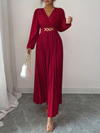 Vestido Feminino Elegante Estilo Francês com Decote em V e Cintura Plissada (Cintura Falsa/Estreita Oculta) - Manga Longa para Casamento de Inverno, Vestido de Festa Formal Lavável na Máquina, Cor Sólida