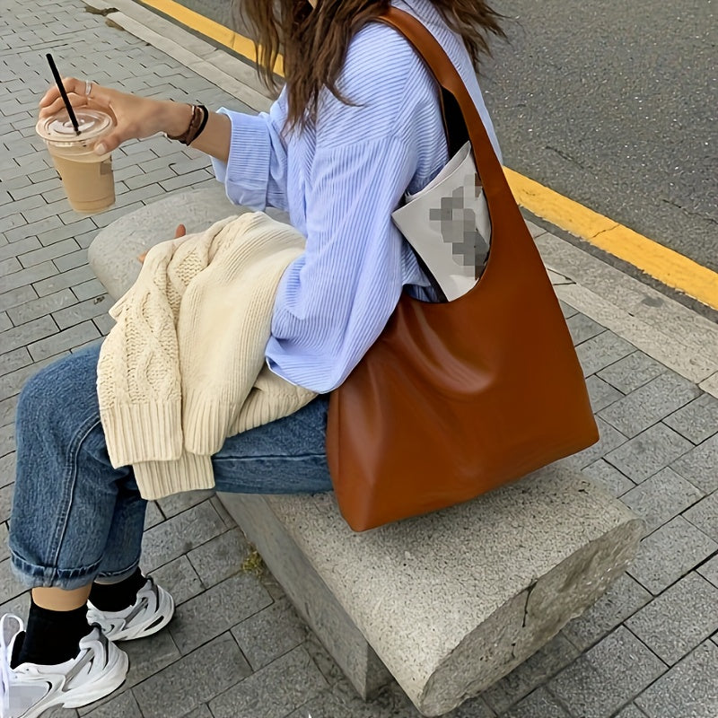 Saco Tote Vegan Fashion, Mala Hobo Trendy de Cor Sólida, Mala Casual Feminina & Carteira