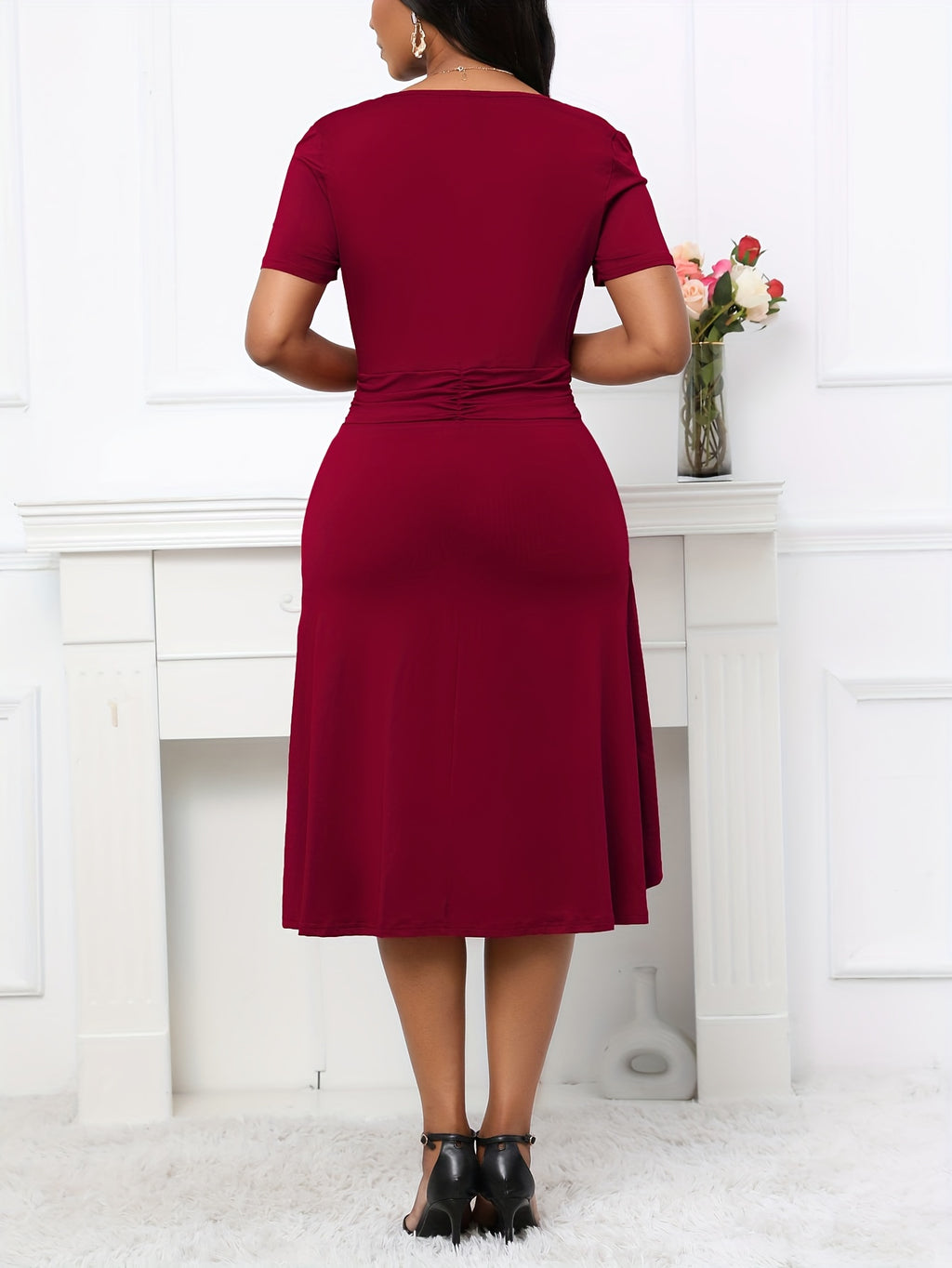 Vestido elegante de linha A para mulheres, em poliéster 95% e spandex 5%, tecido de malha, cor sólida para todas as estações, decote em V, vestido leve de 200g/m² para adultos