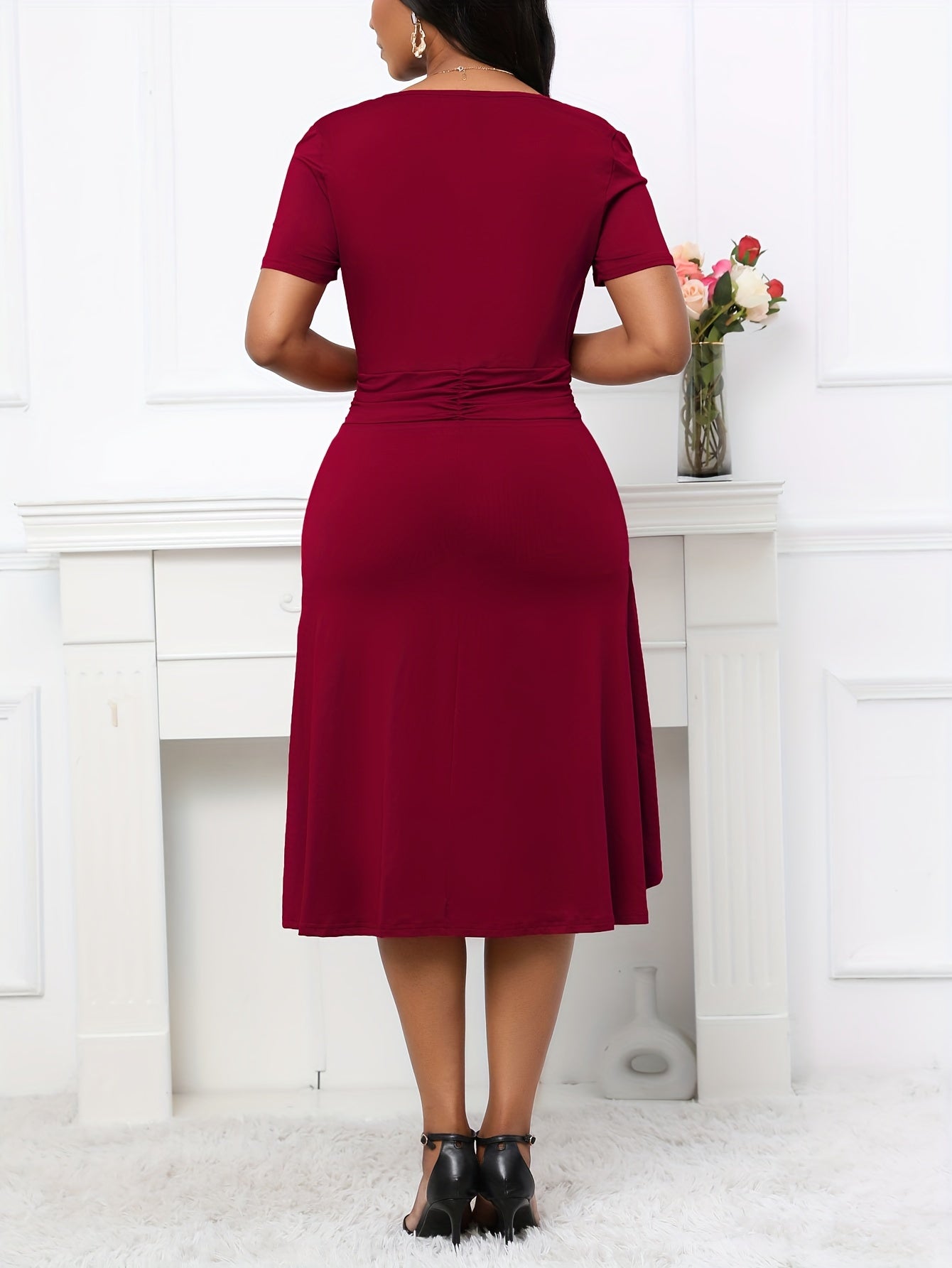 Vestido elegante de linha A para mulheres, em poliéster 95% e spandex 5%, tecido de malha, cor sólida para todas as estações, decote em V, vestido leve de 200g/m² para adultos