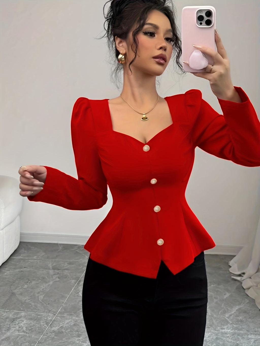 Blusa elegante de manga bolha em cor sólida estilo francês para mulher - Vermelho com decote em forma de coração, botões falsos, perfeita para primavera/outono, top elegante para adultos|Estilo francês vintage|Top com botões falsos