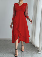 Vestido midi elegante para mulher com decote em V e lantejoulas pretas, com mangas em malha contrastante - Roupa de festa e feriado elegante para todas as estações, perfeita para uma noite de encontro ou presente de Dia dos Namorados, vestido de festa | Vestido com decote em V | Tecido de poliéster