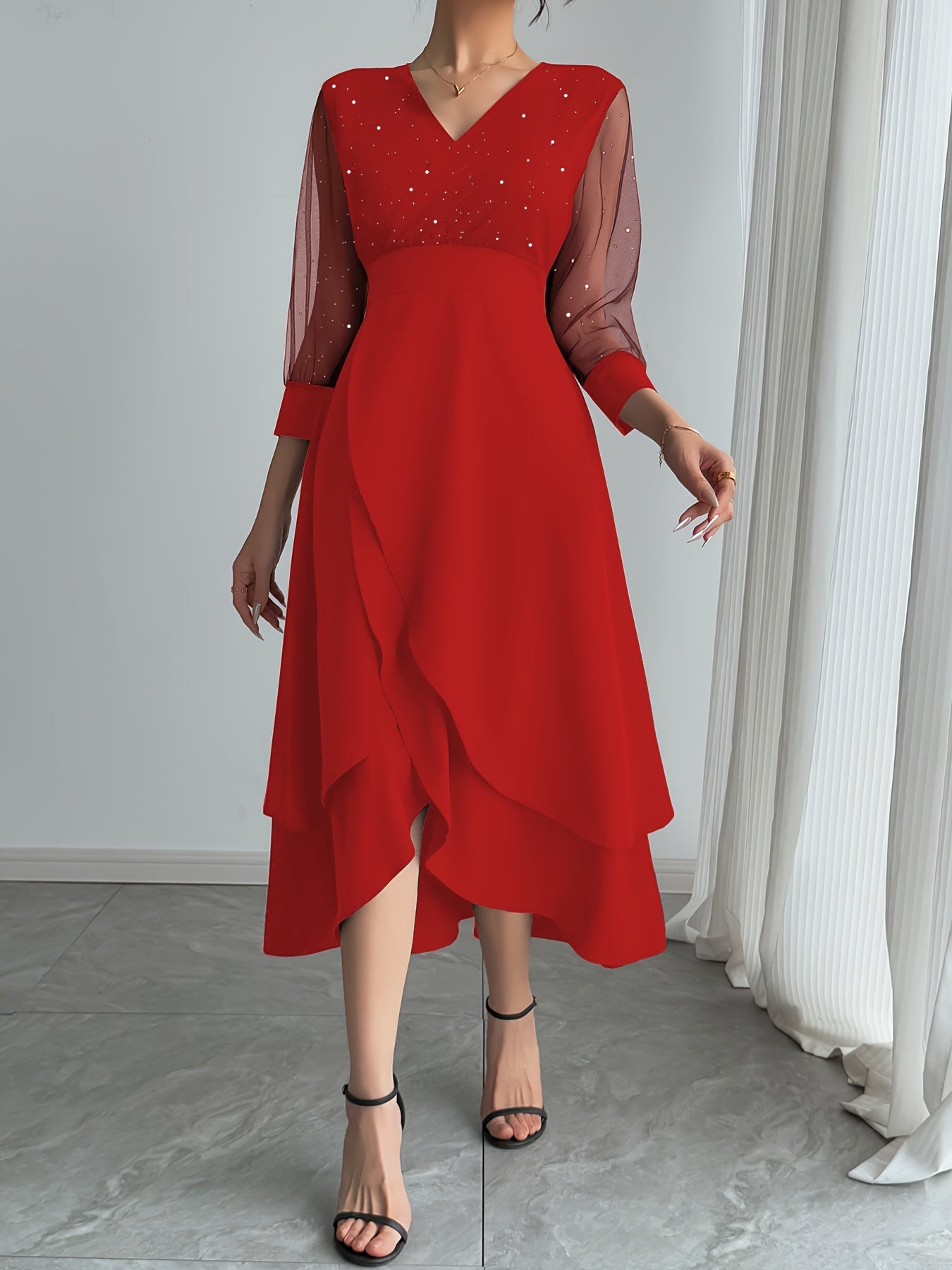 Vestido midi elegante para mulher com decote em V e lantejoulas pretas, com mangas em malha contrastante - Roupa de festa e feriado elegante para todas as estações, perfeita para uma noite de encontro ou presente de Dia dos Namorados, vestido de festa | Vestido com decote em V | Tecido de poliéster