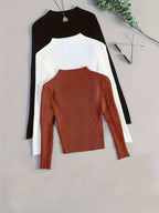 Conjunto de 3 Peças com Gola Alta em Malha Canelada, Base Elástica e Cor Lisa - Estilo Versátil Vintage