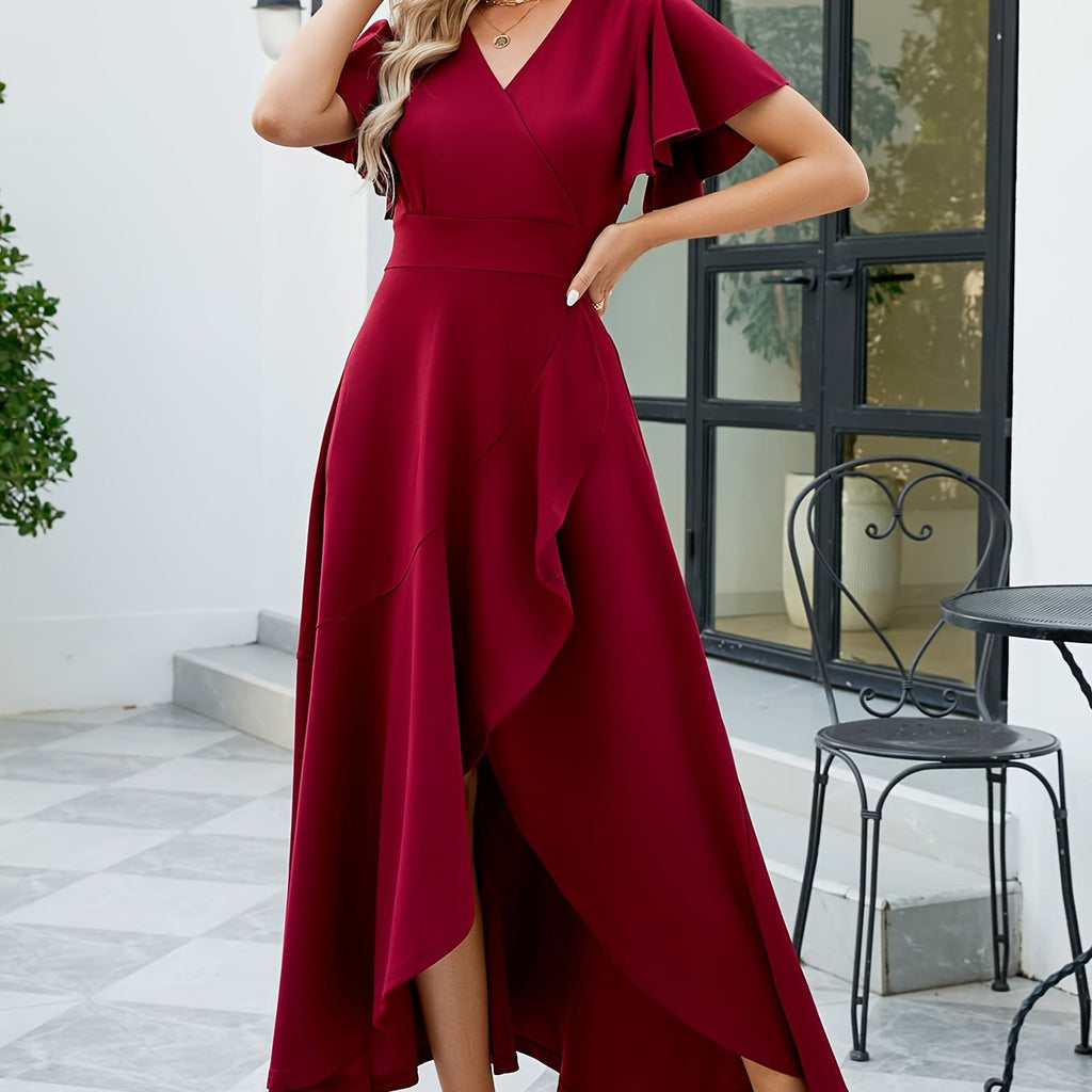 Chic V-Neck High-Low Dress with Ruffle Sleeves