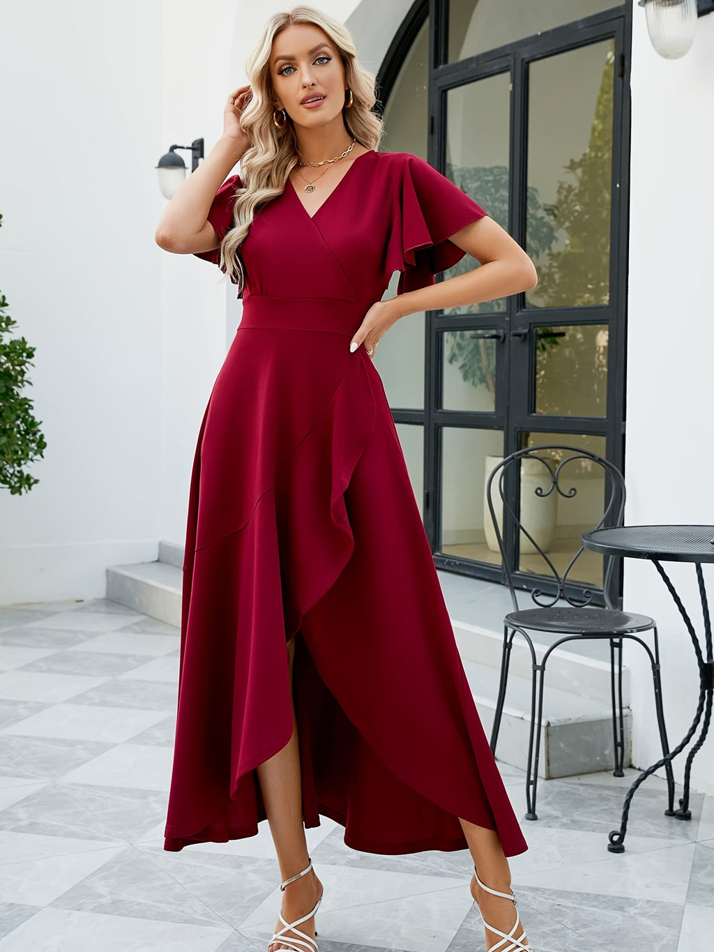Vestido de cor sólida com decote em surplice, mangas com folhos elegantes e bainha em tulipa fluída para a primavera e o verão, roupa de mulher para casamentos, formaturas, noivados, ocasiões especiais, festas, férias e aniversários.
