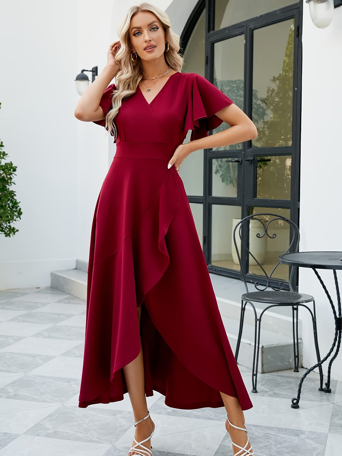 Vestido de cor sólida com decote em surplice, mangas com folhos elegantes e bainha em tulipa fluída para a primavera e o verão, roupa de mulher para casamentos, formaturas, noivados, ocasiões especiais, festas, férias e aniversários.