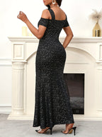 Vestido Elegante de Lantejoulas Pretas com Ombros Descobertos - Estiloso e Justo até o Joelho para Mulheres, Perfeito para Festas de Verão & Eventos Formais, Roupa de Noite Formal | Vestido com Ombros Alvos | Tecido Cintilante