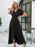 Vestido de cor sólida com decote em surplice, mangas com folhos elegantes e bainha em tulipa fluída para a primavera e o verão, roupa de mulher para casamentos, formaturas, noivados, ocasiões especiais, festas, férias e aniversários.