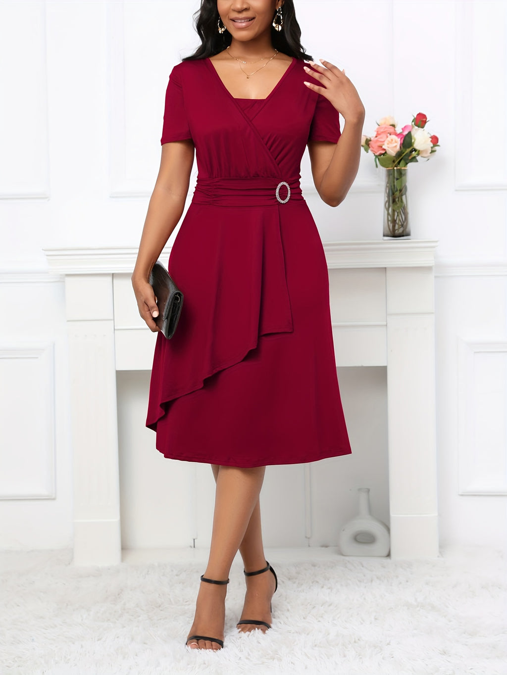 Vestido elegante de linha A para mulheres, em poliéster 95% e spandex 5%, tecido de malha, cor sólida para todas as estações, decote em V, vestido leve de 200g/m² para adultos