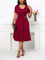 Vestido elegante de linha A para mulheres, em poliéster 95% e spandex 5%, tecido de malha, cor sólida para todas as estações, decote em V, vestido leve de 200g/m² para adultos