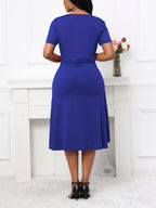 Vestido elegante de linha A para mulheres, em poliéster 95% e spandex 5%, tecido de malha, cor sólida para todas as estações, decote em V, vestido leve de 200g/m² para adultos