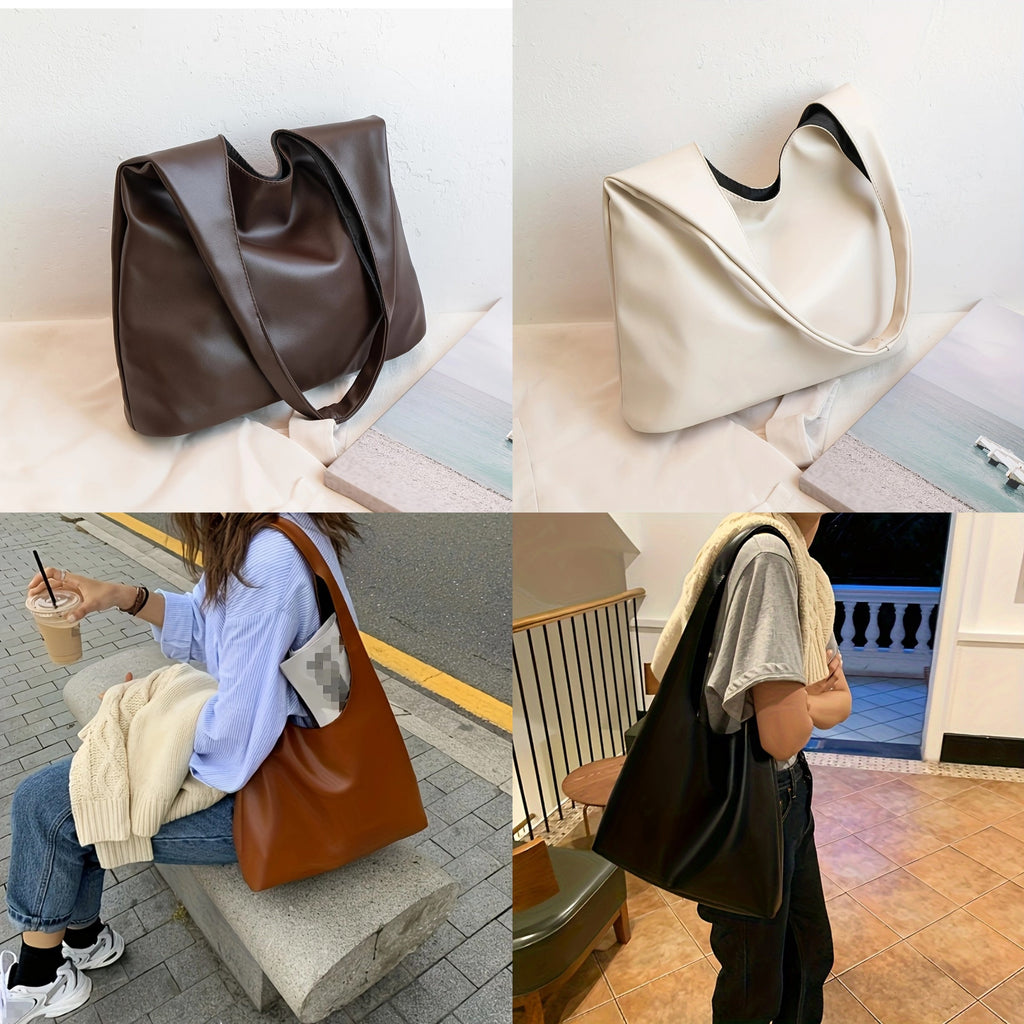 Saco Tote Vegan Fashion, Mala Hobo Trendy de Cor Sólida, Mala Casual Feminina & Carteira