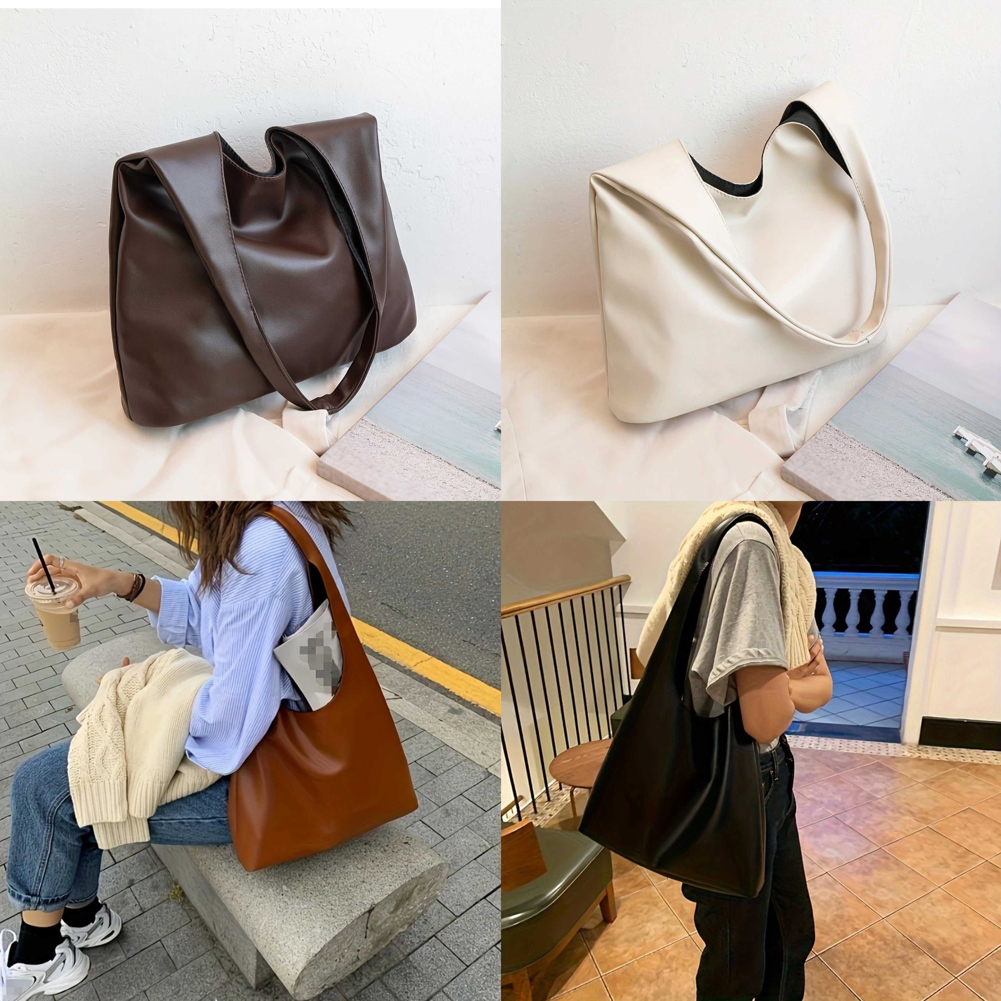 Saco Tote Vegan Fashion, Mala Hobo Trendy de Cor Sólida, Mala Casual Feminina & Carteira