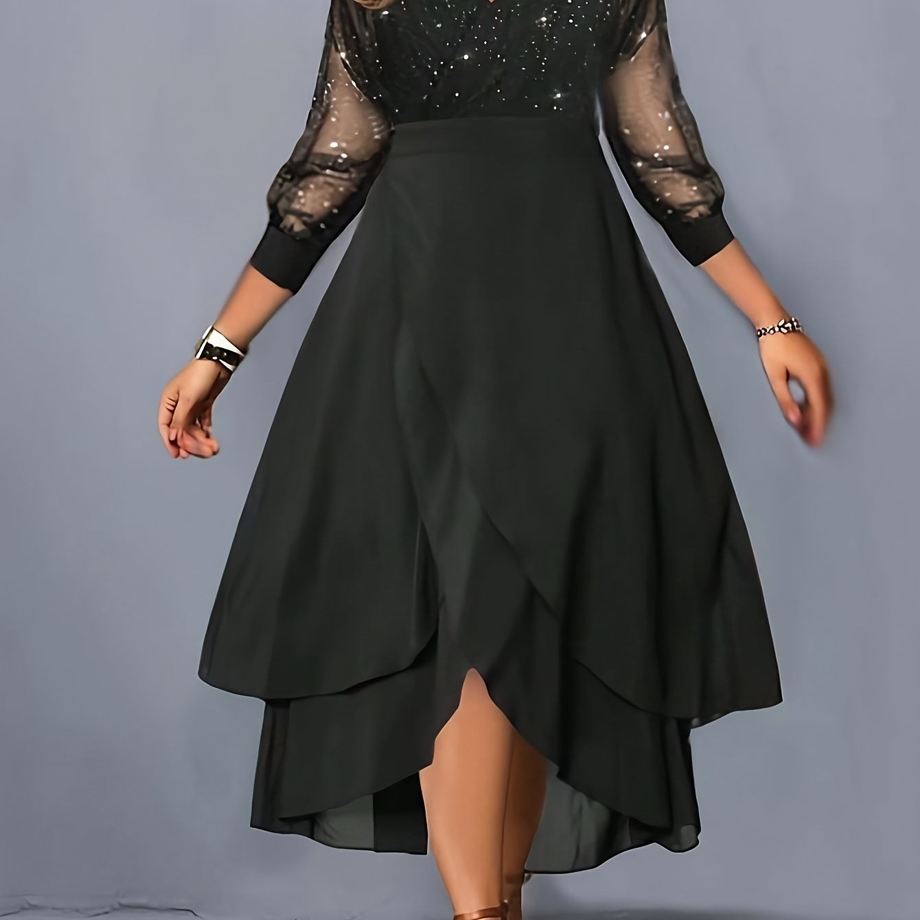Enchanting V-Neck Sequin Midi Dress with Mesh Elegance