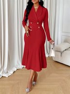 Vestido Midi Elegante de Outono-Inverno para Mulheres com Gola Social, Punhos Compridos, 2 Botões na Cintura e Barra Sereia em Vermelho Vibrante