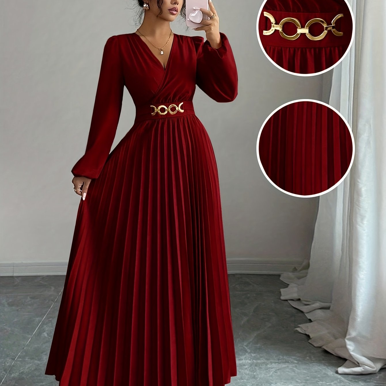 Elegant Metallic V-Neck Evening Gown with Balloon Sleeves