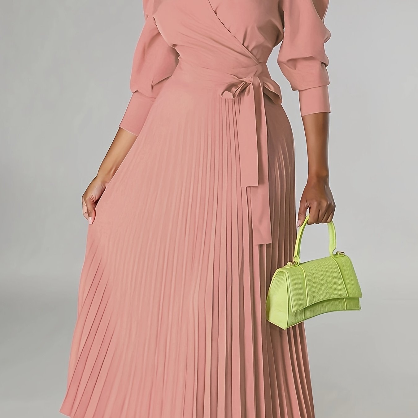 Chic Green Midi Dress with Pleated Neckline