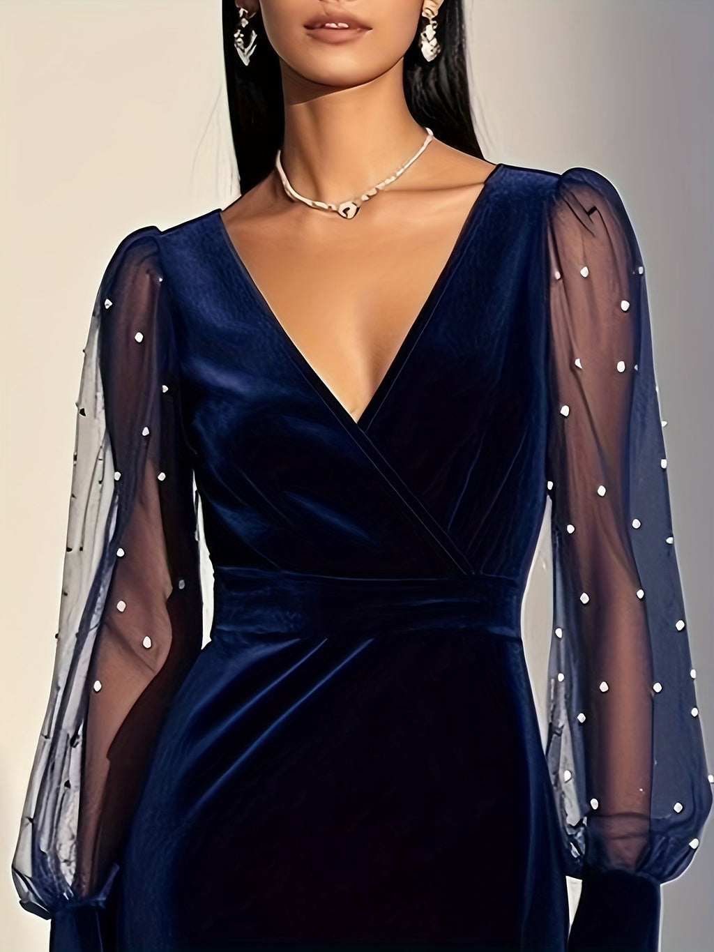 Vestido Elegante de Mulher com Decote em V e Manga Comprida com Detalhe de Manga com Padrão de Renda - Vestido de Festa Formal e Semi-Formal de Comprimento Médio e Corte Justo, Lavável na Máquina, Cor Lisa (Azul Marinho, Vestido de Noite Chic para Todas as Estações para, Vestidos para Convidados de Casamento)