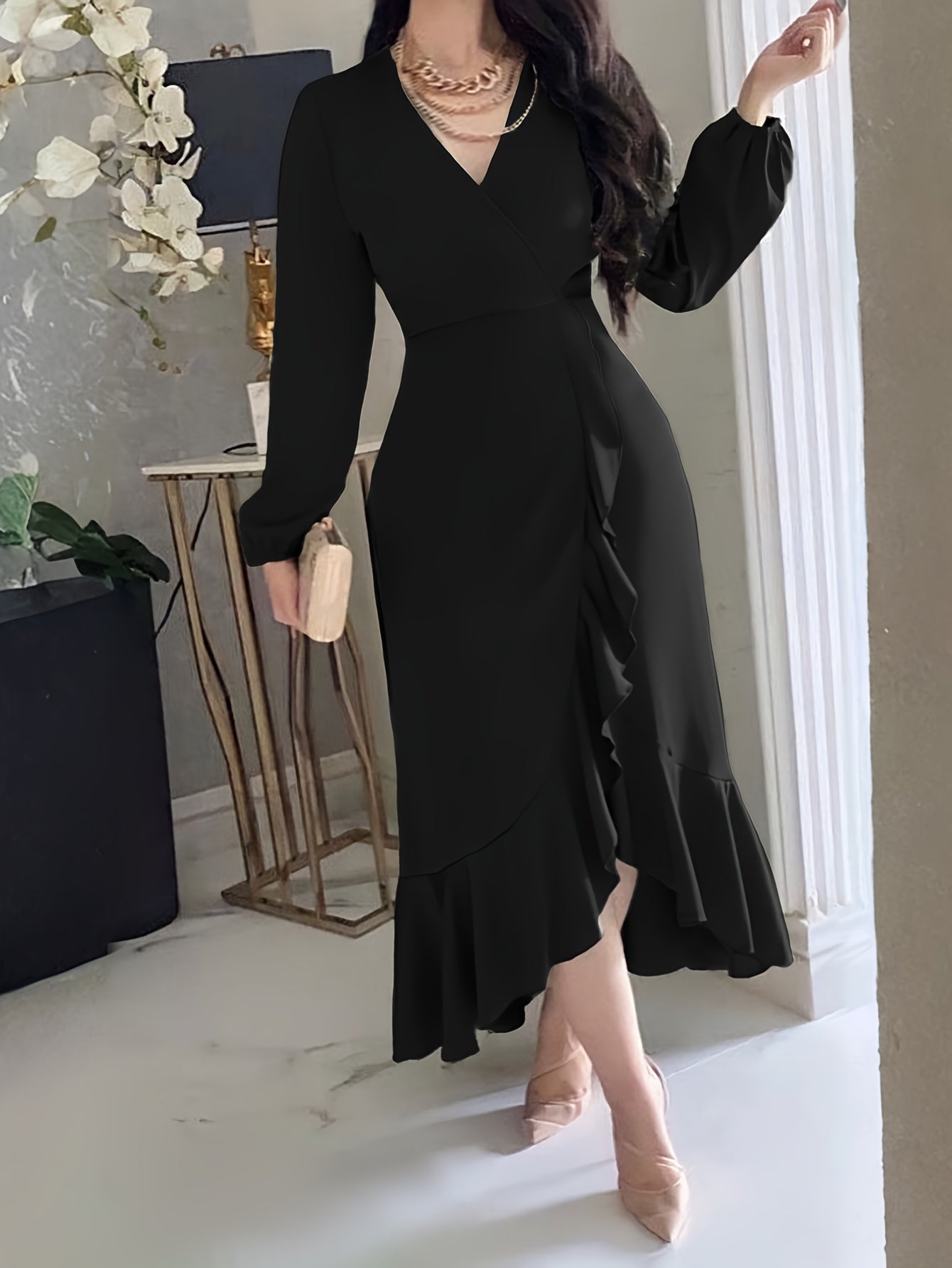 Vestido Elegante de Estilo Francês com Decote em V para Mulheres - Vestido de Festa de Inverno para Casamento, Lavável à Máquina, Cor Sólida para Outono/Inverno, Traje Formal para Banquetes e Ocasiões Especiais