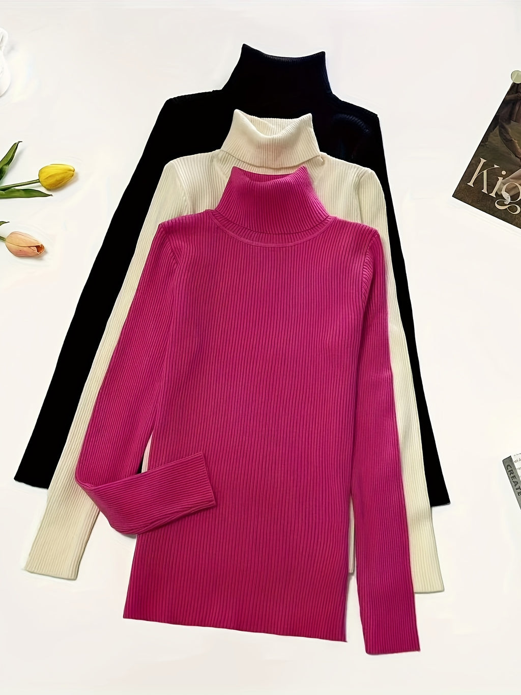 Conjunto de 3 Peças de Pulôver Feminino com Gola Alta 2