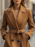 Casaco Longo de Outono/Inverno com Lapela Grande, Mangas Compridas, Bolso e Estilo Francês Minimalista e Elegante em Tweed