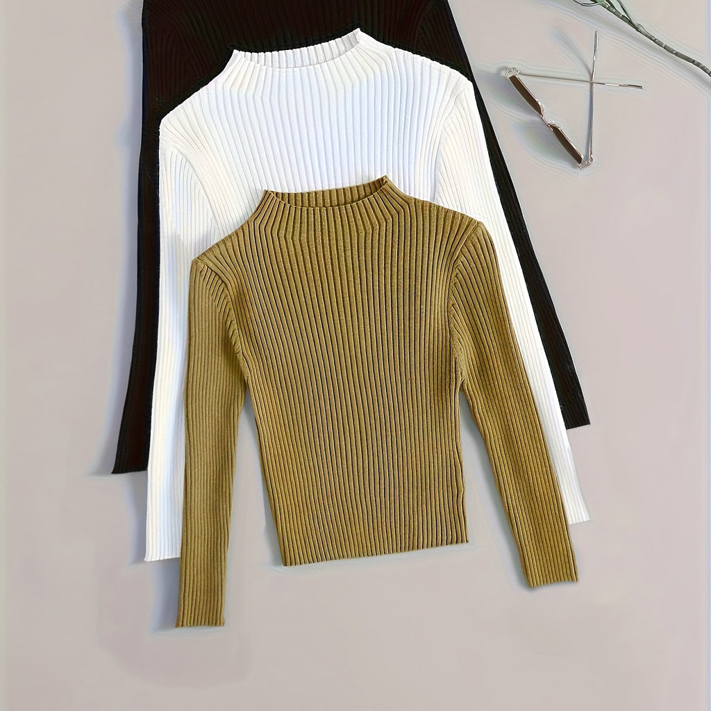 Elegant Ribbed High-Neck 3-Piece Set - Timeless Vintage Style