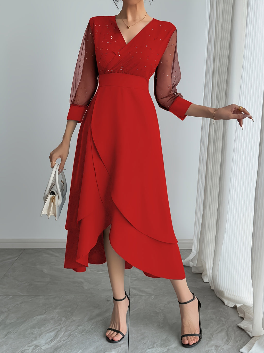 Vestido midi elegante para mulher com decote em V e lantejoulas pretas, com mangas em malha contrastante - Roupa de festa e feriado elegante para todas as estações, perfeita para uma noite de encontro ou presente de Dia dos Namorados, vestido de festa | Vestido com decote em V | Tecido de poliéster