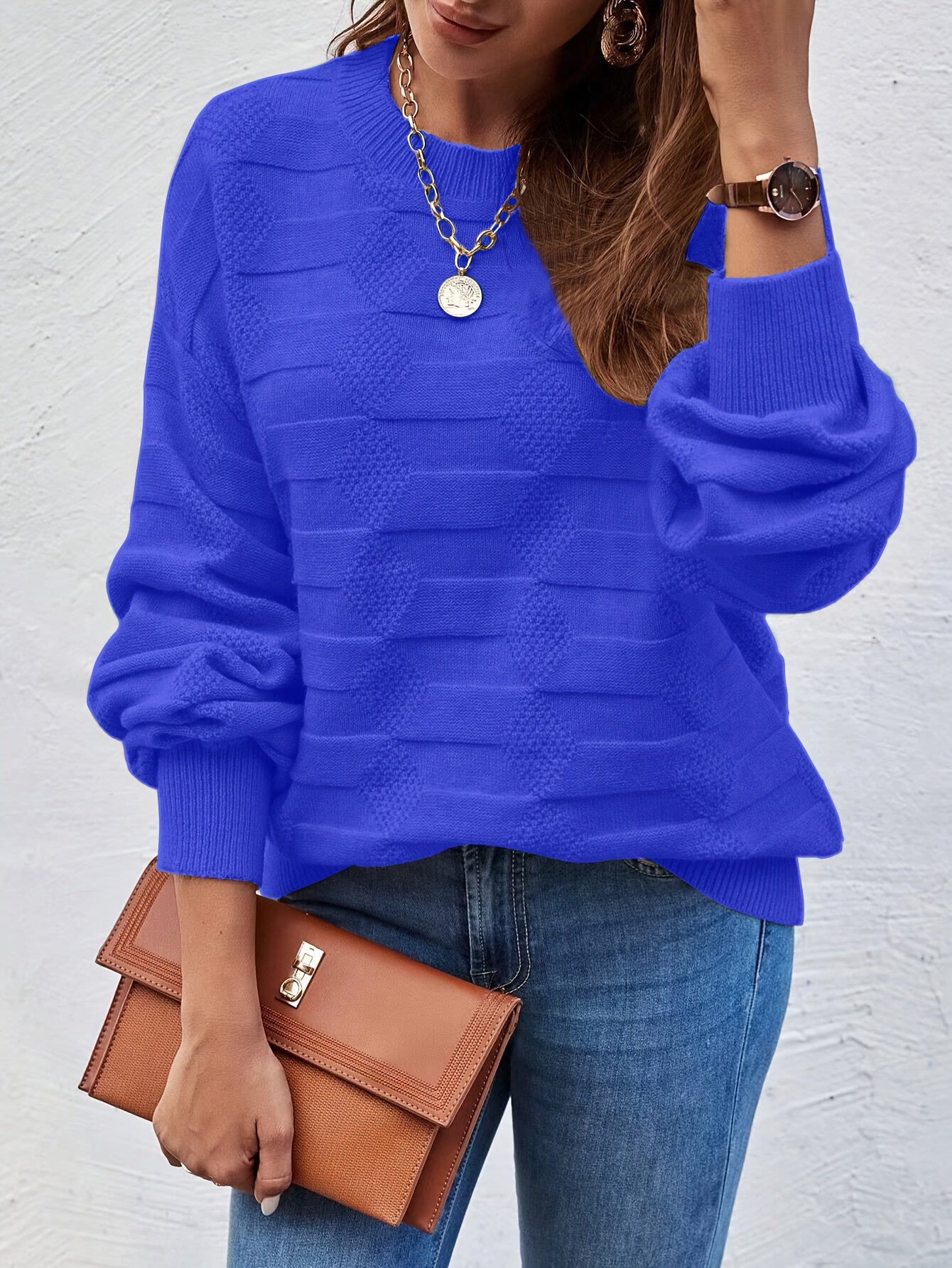 Blusa de Gola Redonda Casual Feminina com Manga Longa e Alta Elasticidade - Top de Outono/Inverno em Cor Sólida, Lavável na Máquina