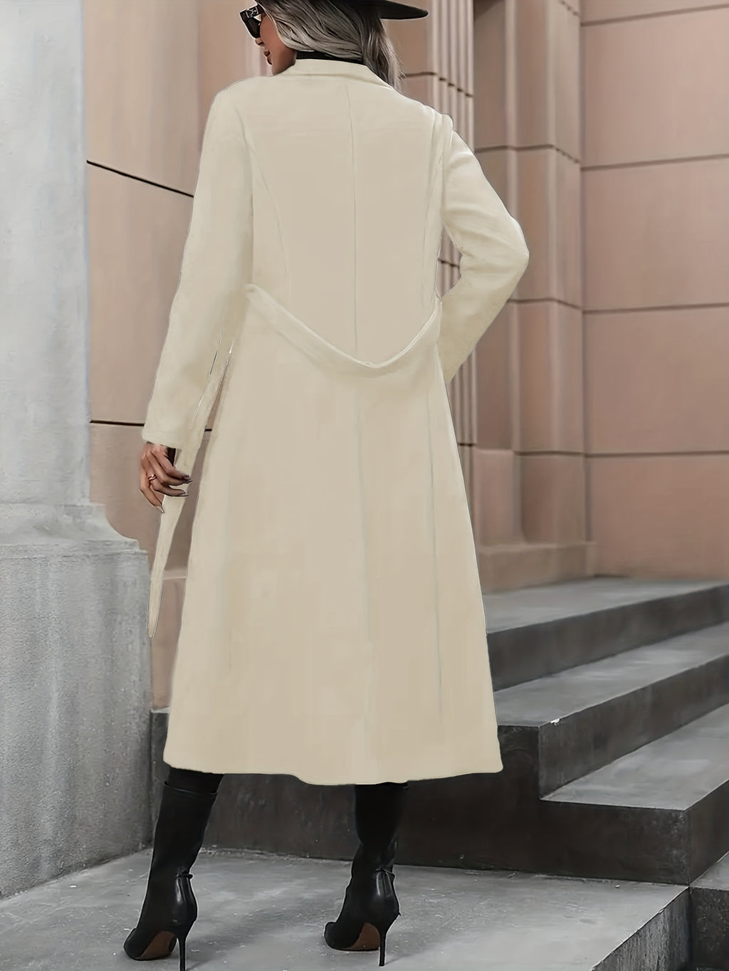 Casaco Trench Comprido Elegante para Mulher - Casaco de Inverno com Cinto na Cintura, Tecido Estruturado Sem Elasticidade, Roupa Exterior Chique de Escritório para Festa para Outono/Inverno