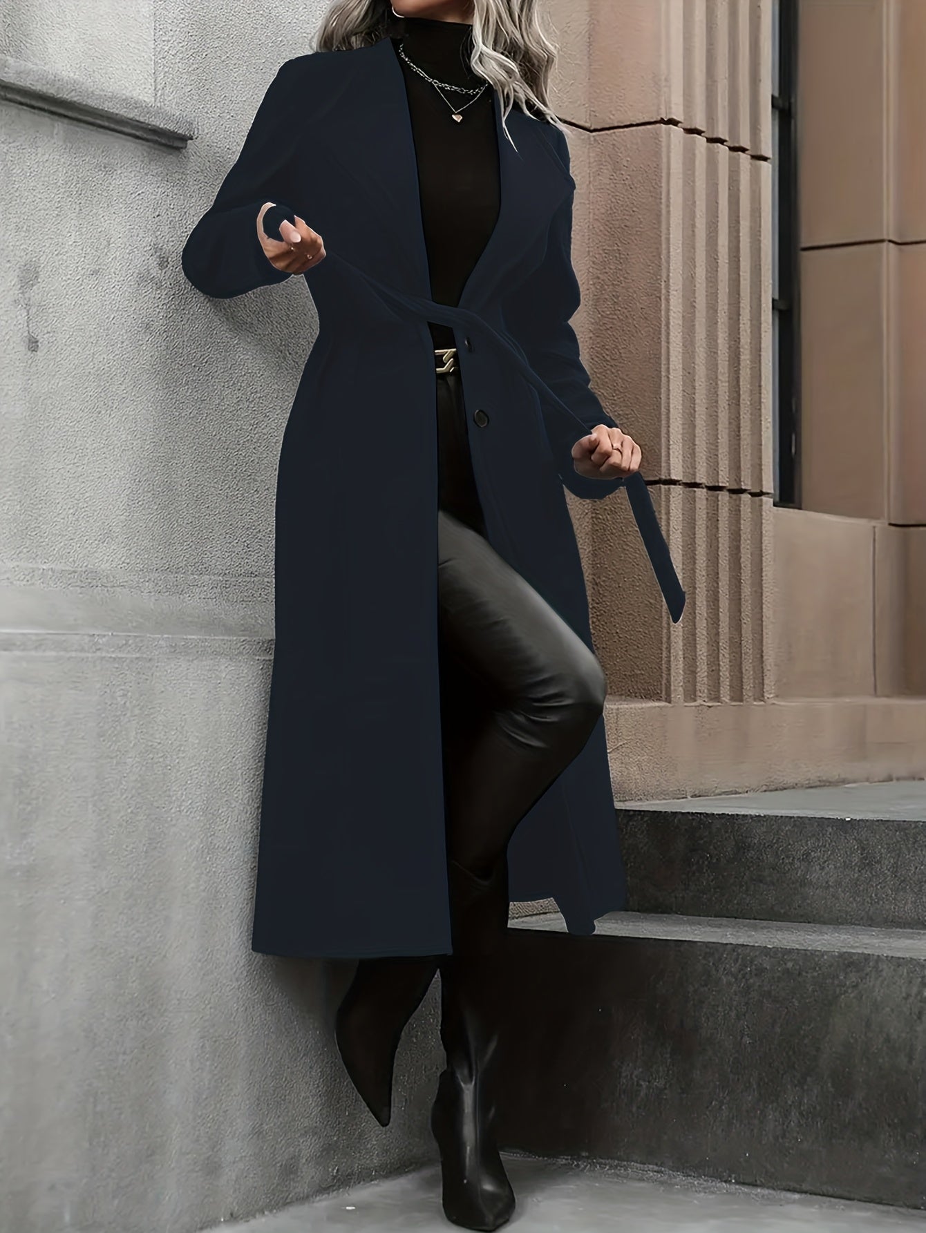 Casaco Trench Comprido Elegante para Mulher - Casaco de Inverno com Cinto na Cintura, Tecido Estruturado Sem Elasticidade, Roupa Exterior Chique de Escritório para Festa para Outono/Inverno