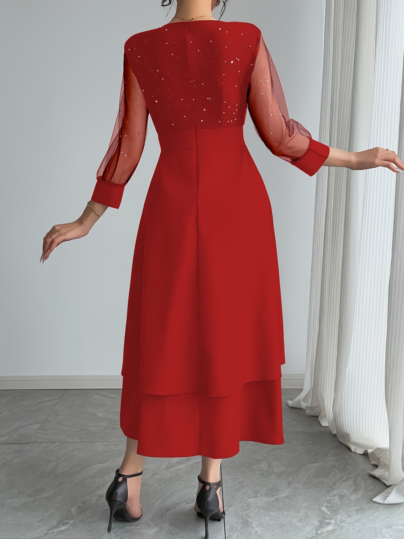 Vestido midi elegante para mulher com decote em V e lantejoulas pretas, com mangas em malha contrastante - Roupa de festa e feriado elegante para todas as estações, perfeita para uma noite de encontro ou presente de Dia dos Namorados, vestido de festa | Vestido com decote em V | Tecido de poliéster