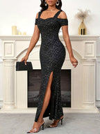 Vestido Elegante de Lantejoulas Pretas com Ombros Descobertos - Estiloso e Justo até o Joelho para Mulheres, Perfeito para Festas de Verão & Eventos Formais, Roupa de Noite Formal | Vestido com Ombros Alvos | Tecido Cintilante