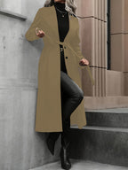 Casaco Trench Comprido Elegante para Mulher - Casaco de Inverno com Cinto na Cintura, Tecido Estruturado Sem Elasticidade, Roupa Exterior Chique de Escritório para Festa para Outono/Inverno