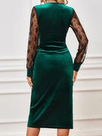 Vestido justo com renda contrastante, Vestido elegante de manga comprida para festa e banquete, Roupa de mulher para casamento/ocasião/noivado/cerimónia/vestido de noite