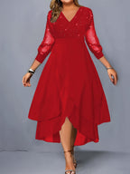 Vestido midi elegante para mulher com decote em V e lantejoulas pretas, com mangas em malha contrastante - Roupa de festa e feriado elegante para todas as estações, perfeita para uma noite de encontro ou presente de Dia dos Namorados, vestido de festa | Vestido com decote em V | Tecido de poliéster