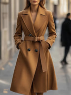 Casaco Longo de Outono/Inverno com Lapela Grande, Mangas Compridas, Bolso e Estilo Francês Minimalista e Elegante em Tweed