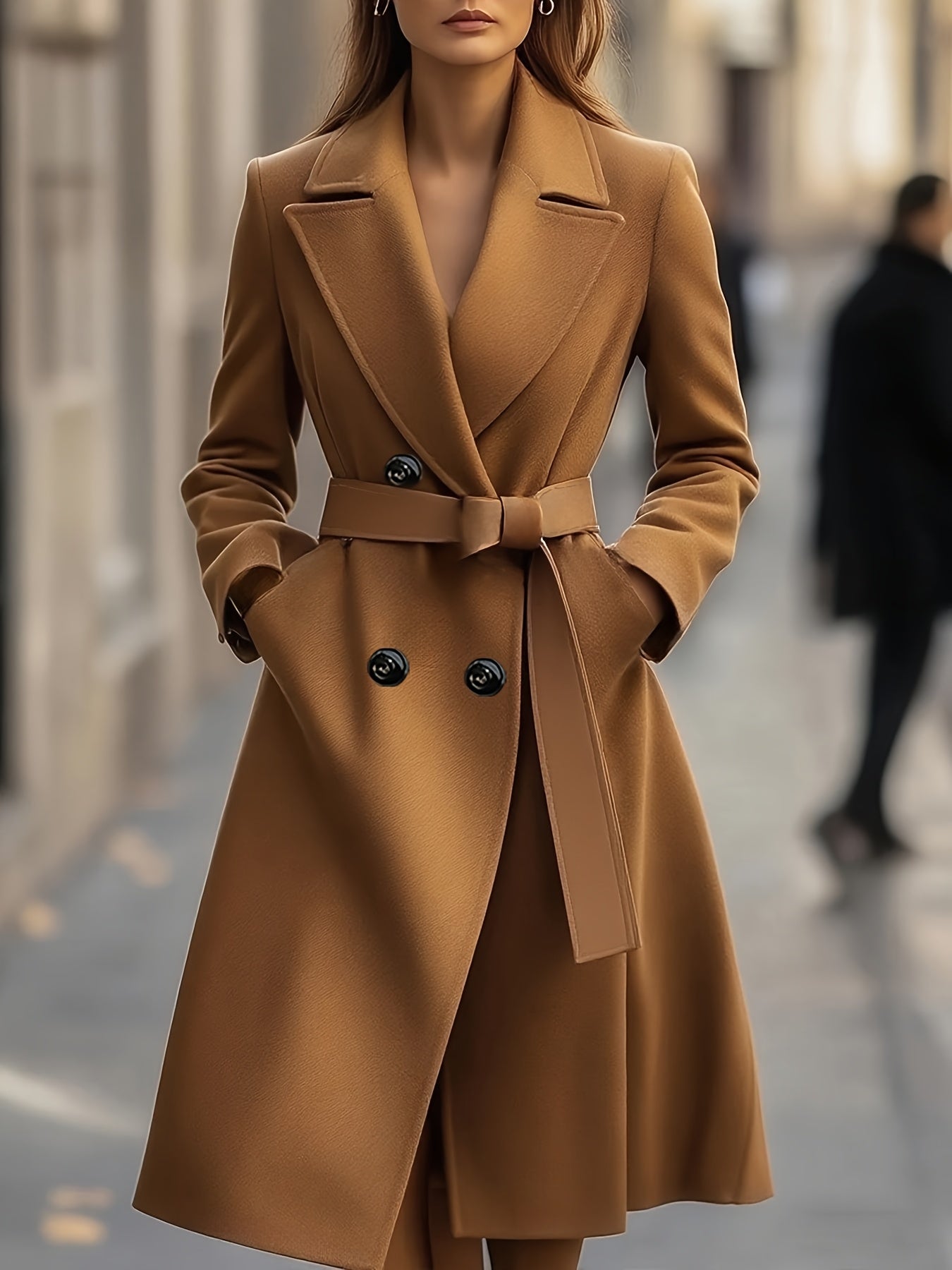 Casaco Longo de Outono/Inverno com Lapela Grande, Mangas Compridas, Bolso e Estilo Francês Minimalista e Elegante em Tweed