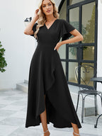 Vestido com decote em V alto-baixo, elegante vestido de linha A com mangas de folho de cor sólida, roupa de mulher