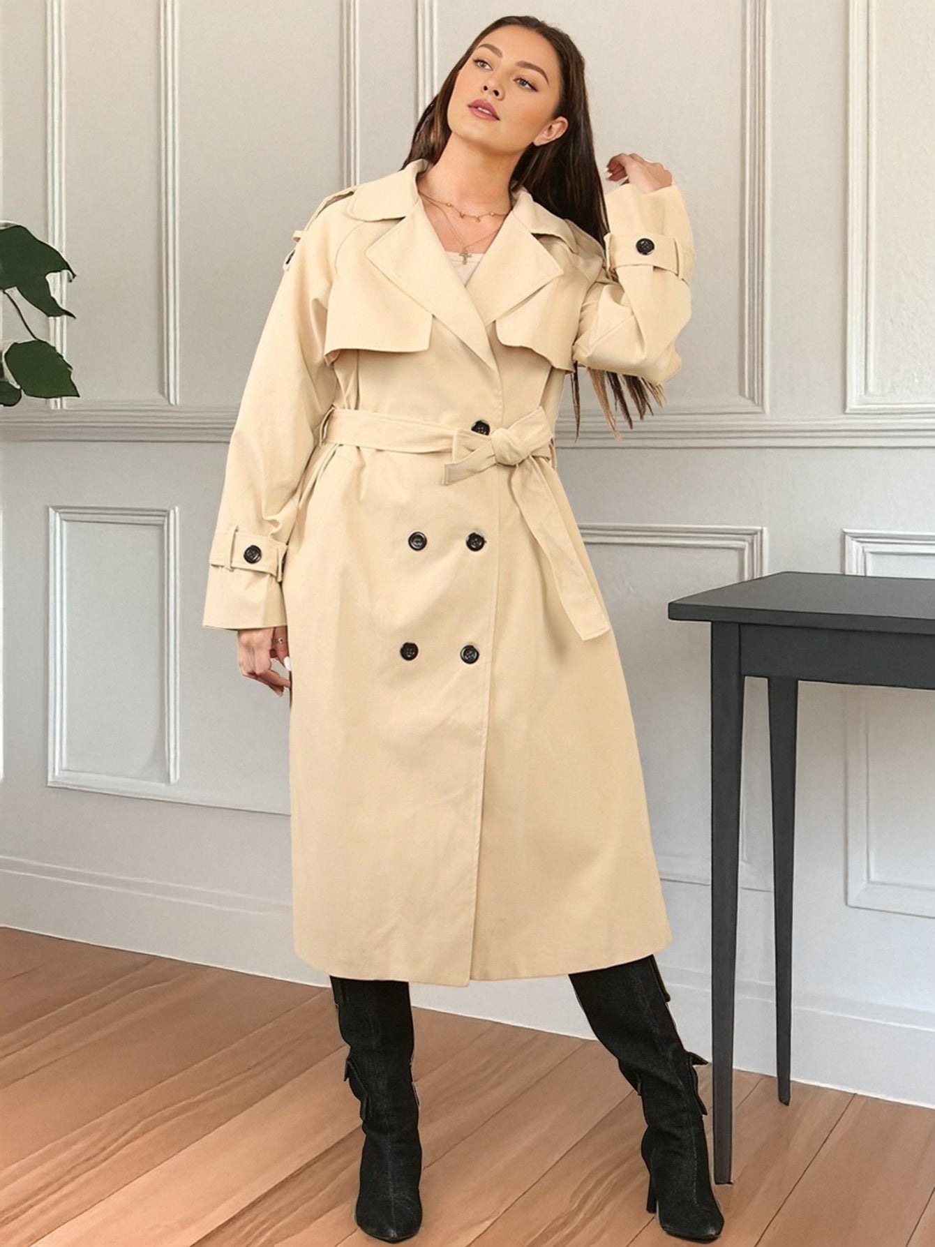 Casaco de Chuva Feminino Oversized com Cintura Ajustável e Dupla Abotoadura, Jaqueta Minimalista e Versátil para Outono e Inverno