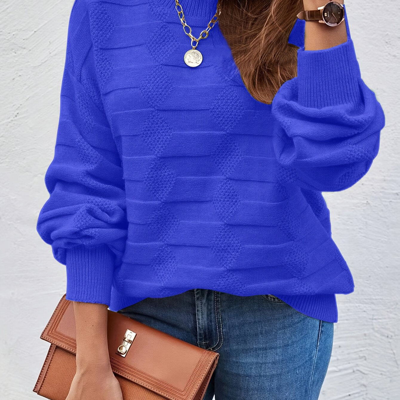 Chic Round Neck Women's Sweater – High Elasticity & Machine Washable