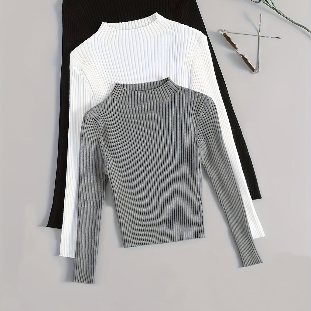 Elegant Ribbed High-Neck 3-Piece Set - Timeless Vintage Style