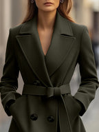 Casaco Longo de Outono/Inverno com Lapela Grande, Mangas Compridas, Bolso e Estilo Francês Minimalista e Elegante em Tweed