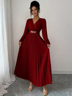 Vestido Metálico Elegante de Mulher com Decote em V, Manga Balão e Fecho de Zíper nas Costas - Vestido de Noite Formal A-Line até ao Chão, Lavável na Máquina para Festas e Eventos, Cintura Estruturada e Bainha Évasée, Vestido de Festa | Vestido Decote em V | Tecido