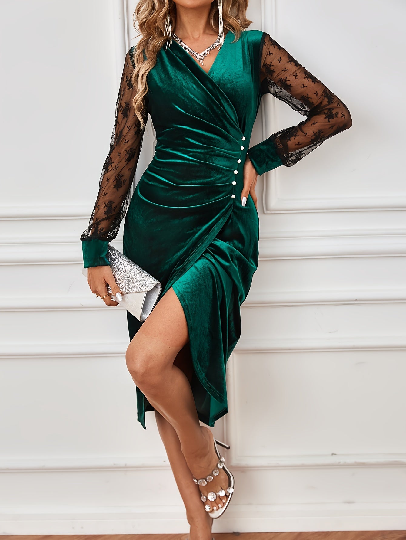 Vestido justo com renda contrastante, Vestido elegante de manga comprida para festa e banquete, Roupa de mulher para casamento/ocasião/noivado/cerimónia/vestido de noite