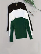 Conjunto de 3 Peças com Gola Alta em Malha Canelada, Base Elástica e Cor Lisa - Estilo Versátil Vintage